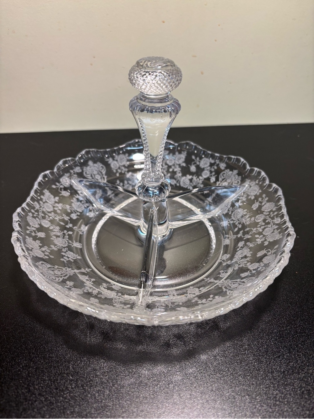 Cambridge Rose Point clear glass, three-part relish or candy dish, etched glass